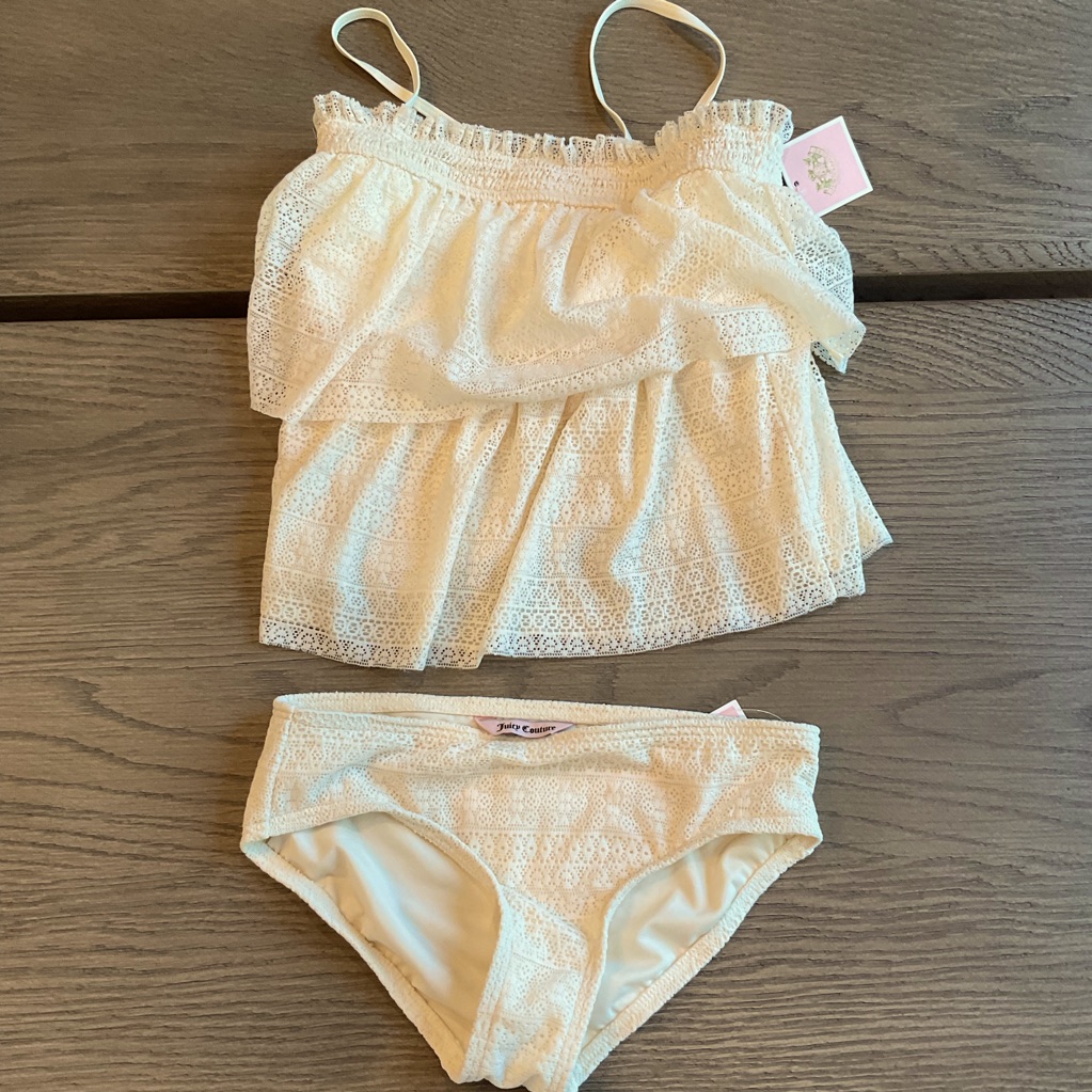Nwt Juicy Couture Girls 2 Piece Swimsuit Angel Tankini Size 14 White/Cream Lace